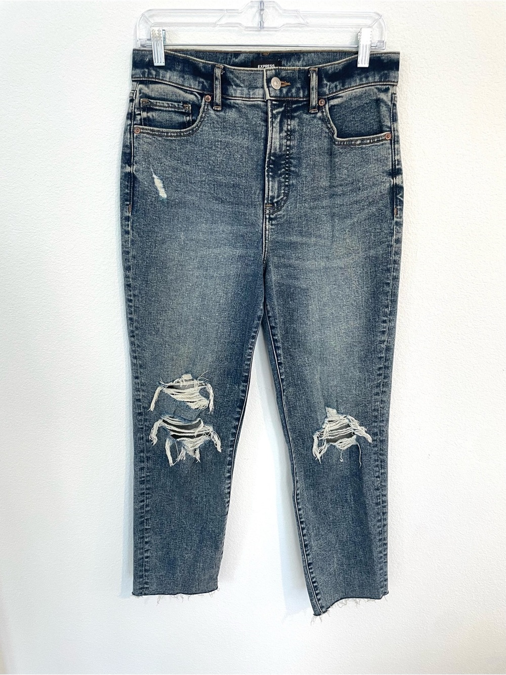 Express Like New Distressed 6 Mom Jean Super High-Rise Raw Hem Ankle Jeans